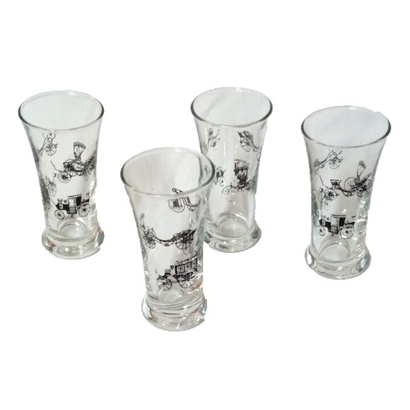 VINTAGE LIBBEY HORSELESS CARRIAGE 4 DOUBLE SHOT/CORDIAL GLASSES RETRO BARWARE - Picture 1 of 5